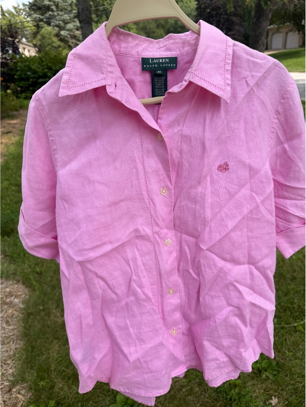Ralph Lauren Light Pink Short-Sleeve Button-Up Linen Blend Top